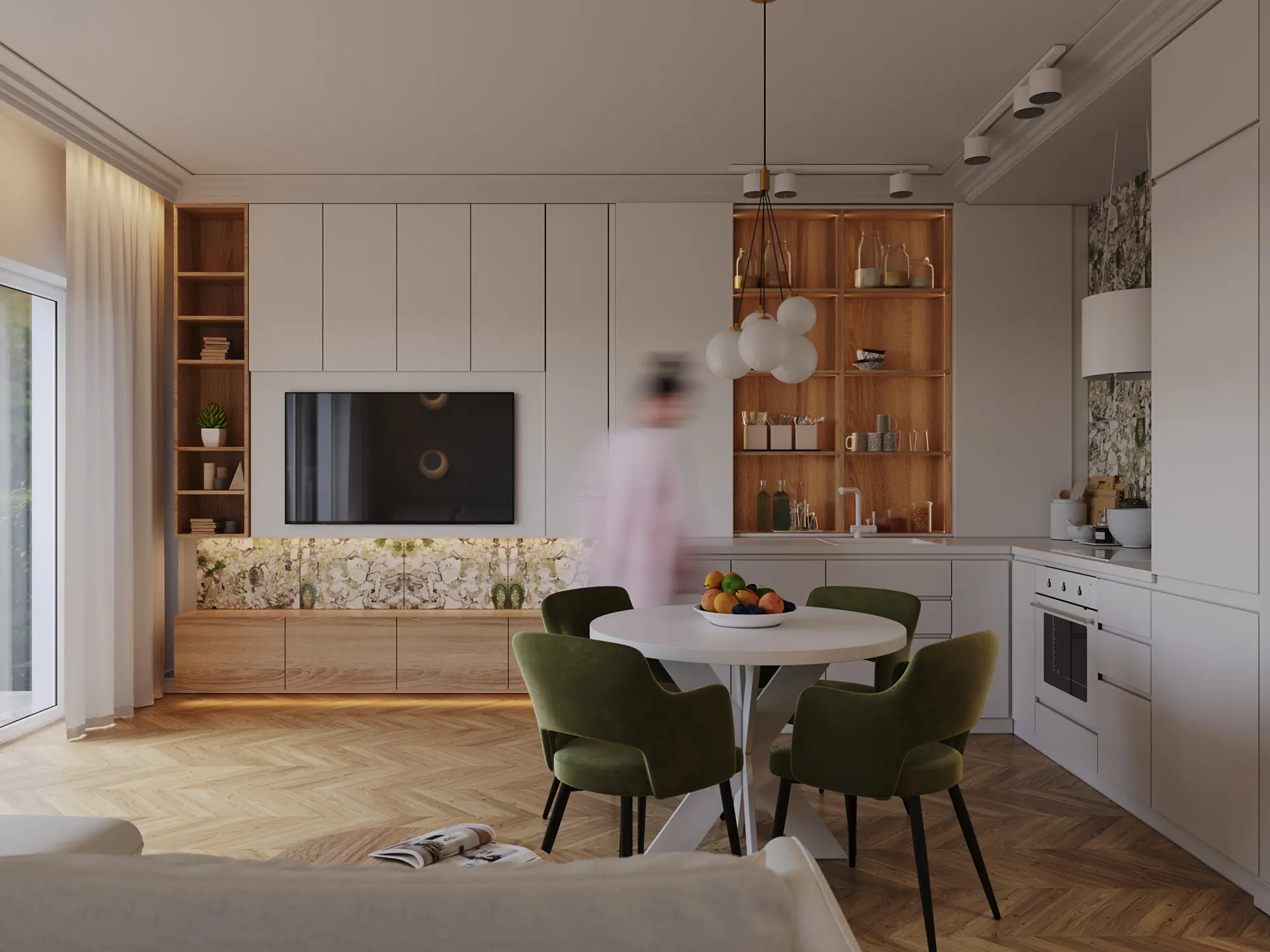 Salon z kuchnią i jadalnią – projekt wnętrza NicaDesign, Warszawa