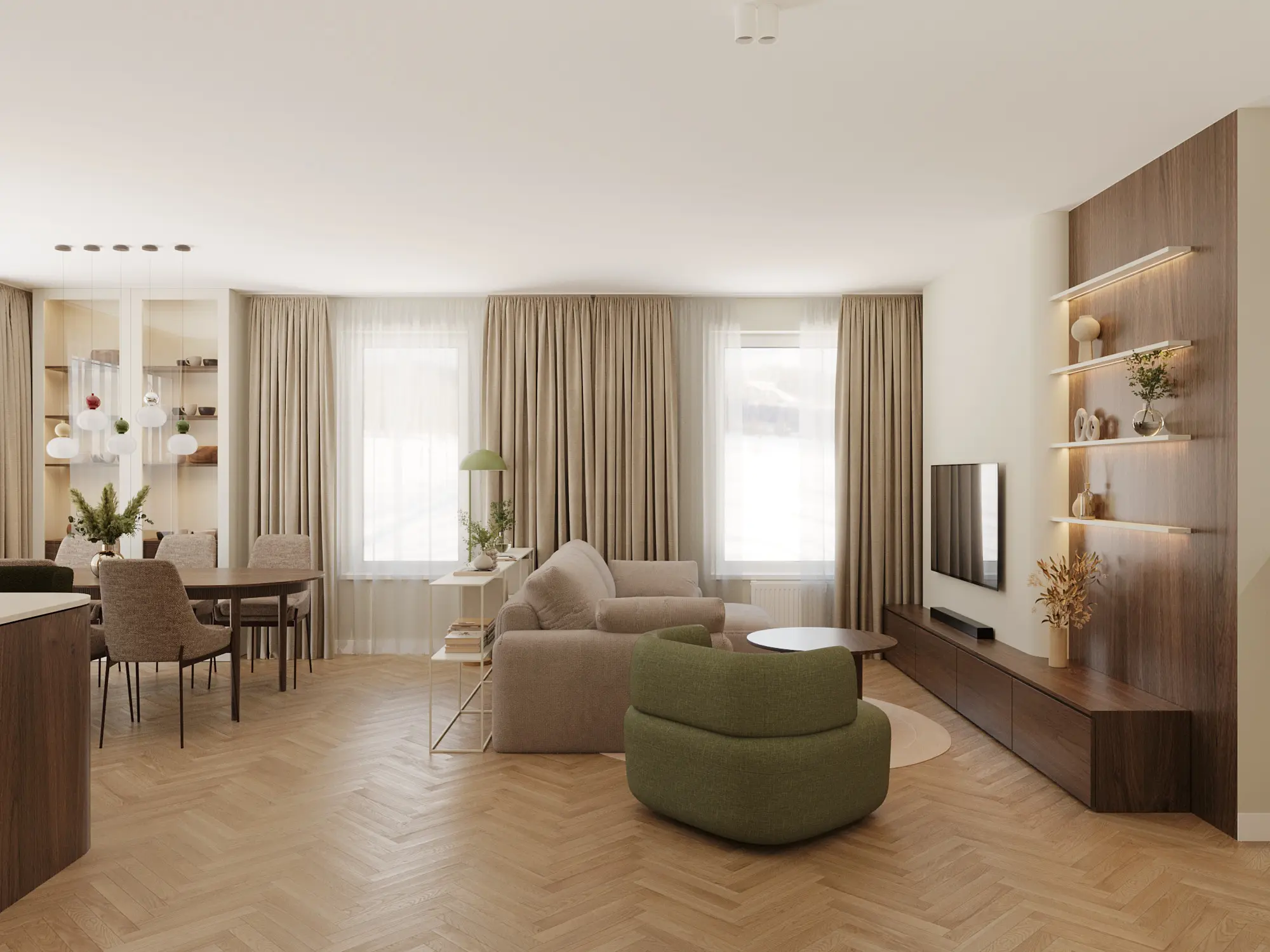 Salon z zielonym fotelem – projekt wnętrza NicaDesign, Warszawa