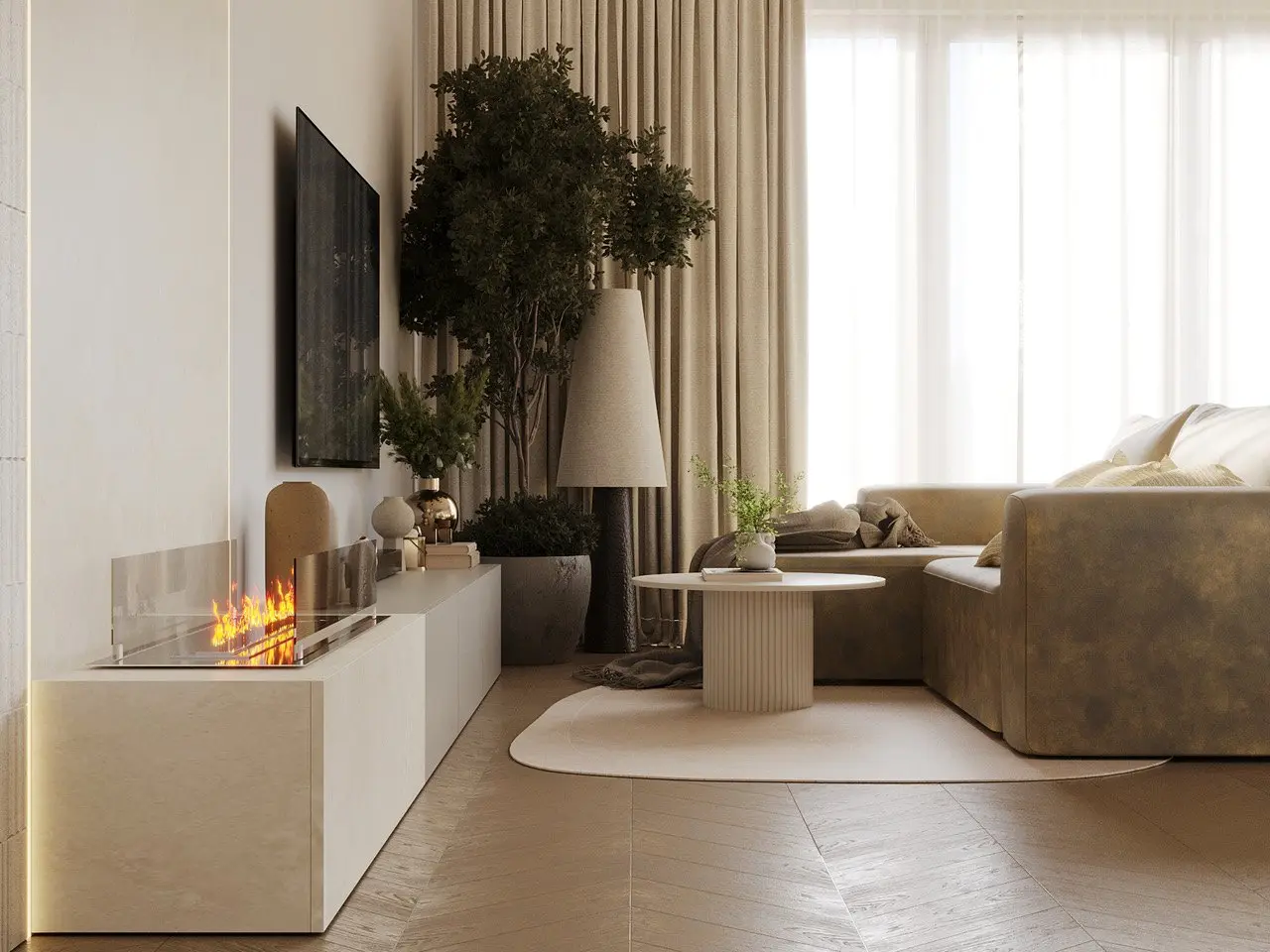 Salon z biokominkiem – projekt wnętrza NicaDesign, Warszawa