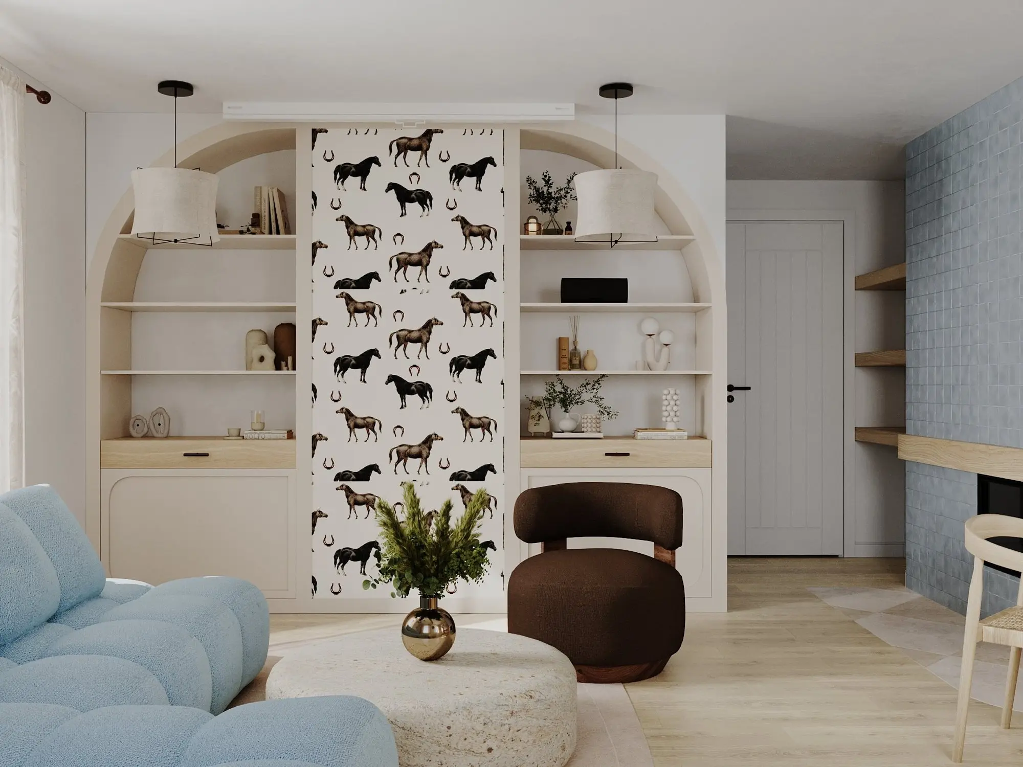 Salon z błękitną sofą – projekt wnętrza NicaDesign, Warszawa