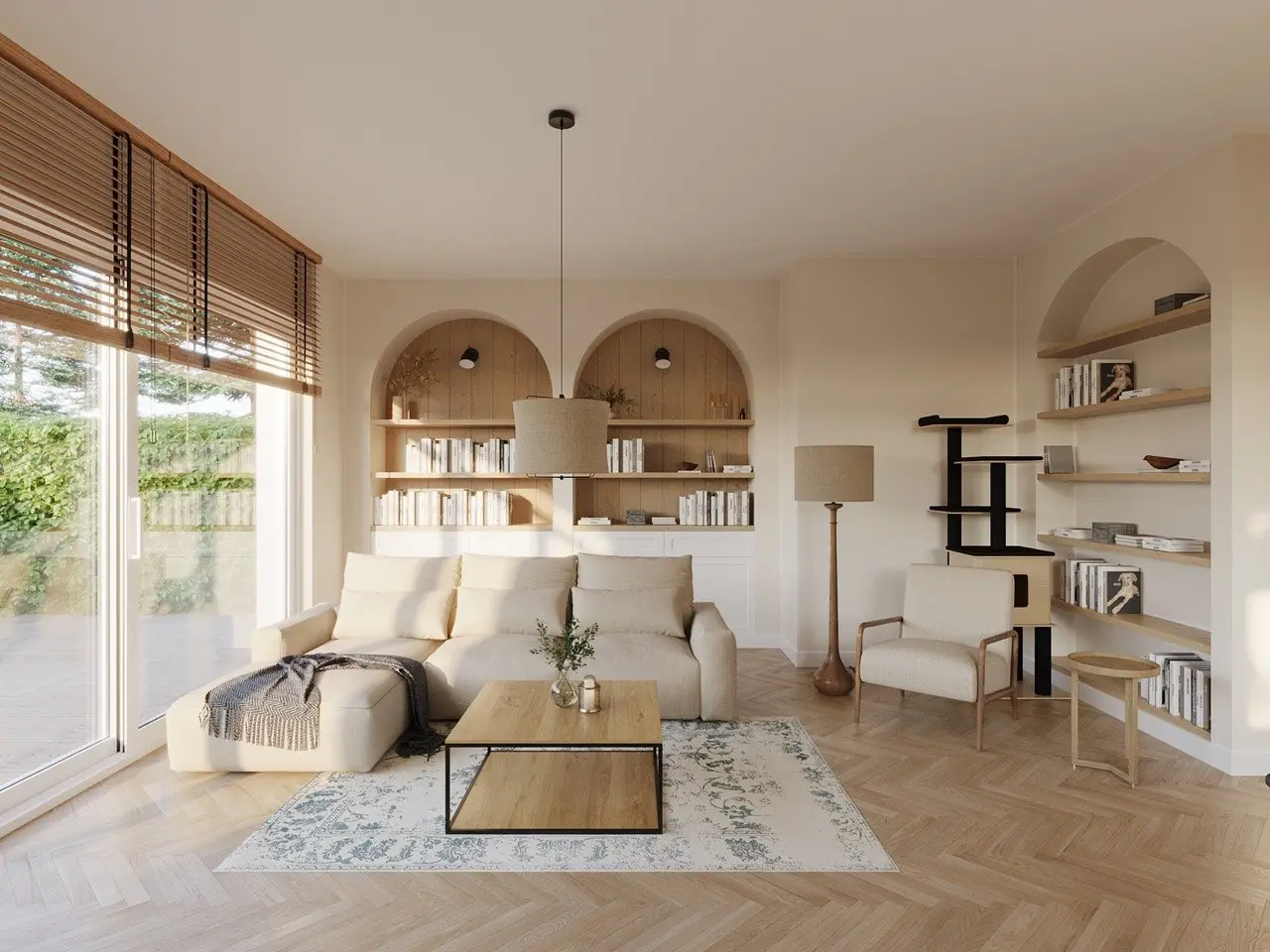 Salon z łukowymi regałami – projekt wnętrza NicaDesign, Warszawa