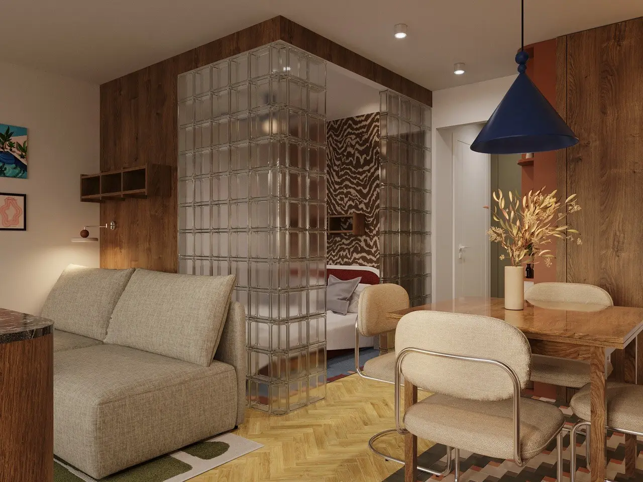 Salon z jadalnią i ścianą z luksferów – projekt wnętrza NicaDesign, Warszawa